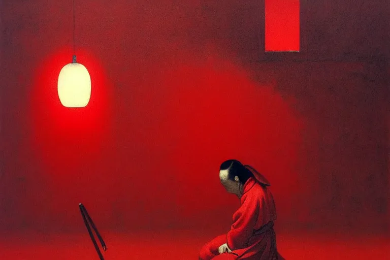 Image similar to only with red, a red samurai harakiri, tokio, a lot of frogs watch, in the style of beksinski, parts by edward hopper, parts by rodcenko, parts by yue minjun, intricate and epic composition, red by caravaggio, insanely quality, highly detailed, masterpiece, red light, artstation, 4 k