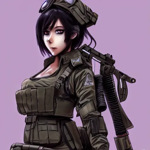 Prompt: anime beautiful female soldier, full round face, full body, post apocalyptic setting, futuristic, medium shot, mid-shot, highly detailed, trending on Artstation