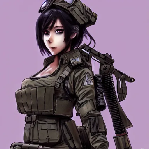 anime beautiful female soldier, full round face, full