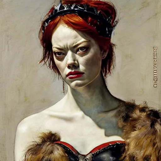 Prompt: emma stone as boudicca by edgar maxence and caravaggio and michael whelan and delacroix