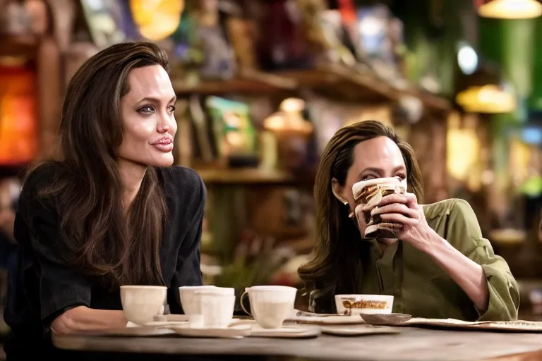 Image similar to Angelina Jolie and The Predator alien, best friends, drinking coffee at central perk, still photo, hyperrealistic, 35mm, 8k, by weta digital