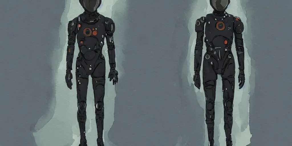 Image similar to male, full body, modern space suit, intriguing helmet, very stylized character design, the expanse tv series, large shoulders, short torso, long thin legs, tiny feet, science fiction, hyperdetailed, technical suit, dieselpunk, watercolor digital painting, in the style of mike mignola, by alex maleev, jean giraud