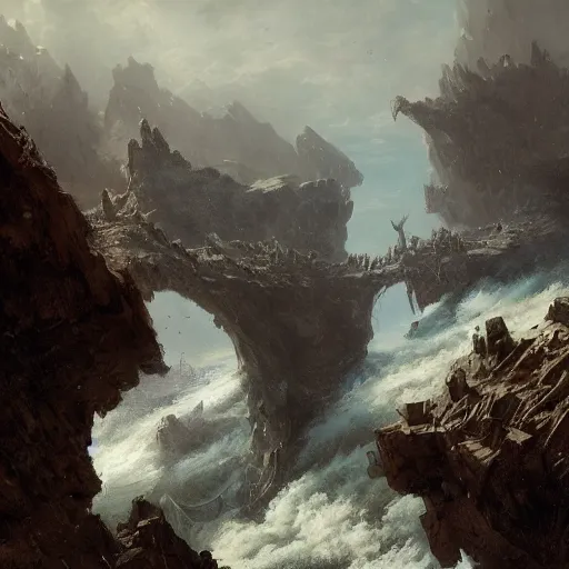 Image similar to a rope bridge over a dark chasm, flying piles of bones, matte painting, fantasy art, by greg rutkowski, by andreas achenbach,