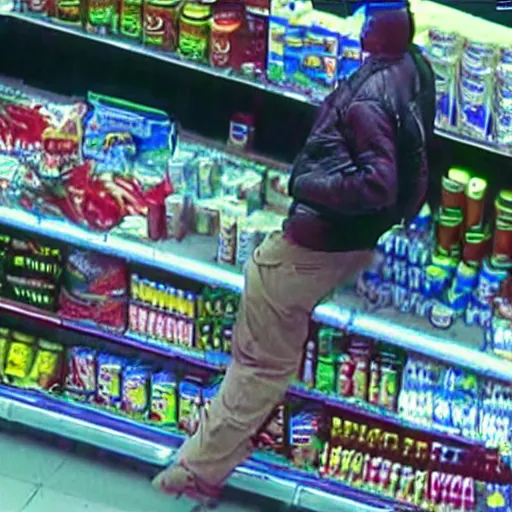 Prompt: cctv cam footage of The Predator robbing a convenience store
