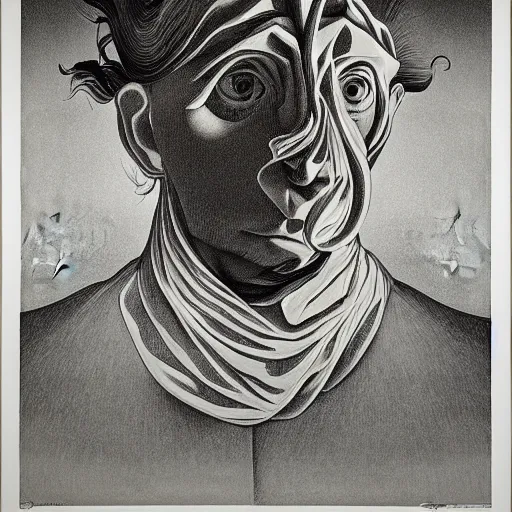 Prompt: white lithography on paper conceptual figurative ( post - morden ) monumental dynamic portrait drawn by hogarth and escher and francis bacon, inspired by goya, illusion surreal art, highly conceptual figurative art, intricate detailed illustration, controversial poster art, polish poster art, geometrical drawings, no blur