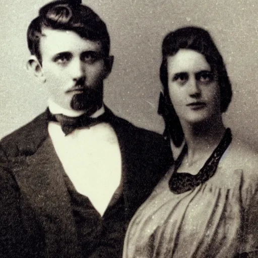 Image similar to antique black and white photograph of a young couple, studio lighting, cardboard cutout backgrounf 1 8 7 6