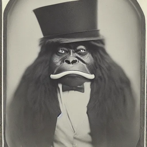 Image similar to a vintage wet plate portrait of a dignified bigfoot with a top hat and cane, extremely detailed, by james van der zee!!!!!!!!!!!!!!!!!!