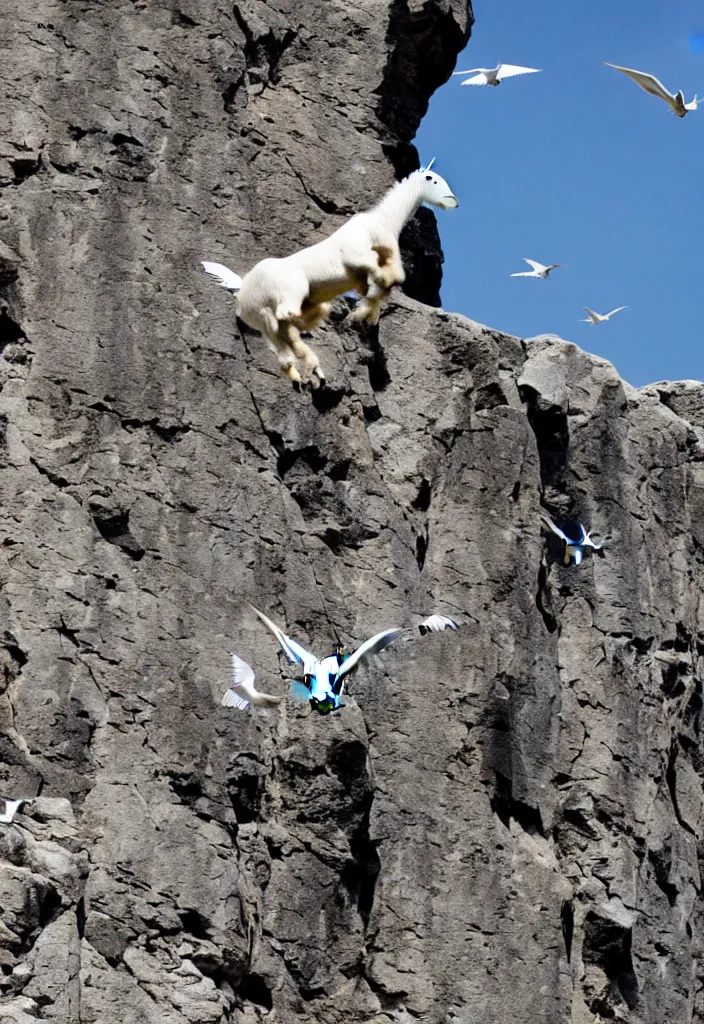 Image similar to a mountain goat flying an impossible distance through the air between two peaks | pure white doves flying in and out of a large chimney |