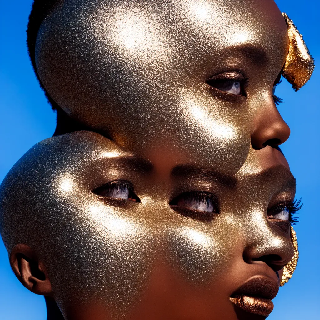 Image similar to portrait of metallic face, african woman, mercury, reflections, liquid metal, proud looking, outdoor, nature, blue sky, 8 k, realistic, depth of field, highly detailed, art photography