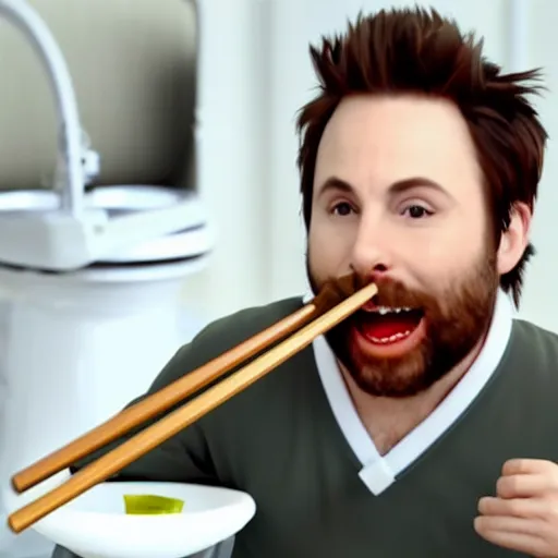 Prompt: Charlie Day eating sushi out of a white toilet bowl with chopsticks, 8k, photo realistic