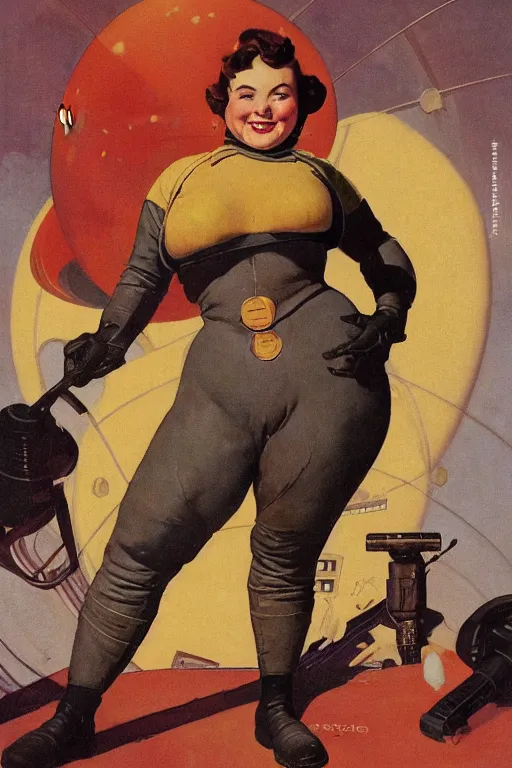 Image similar to 5 0 s pulp scifi fantasy illustration full body portrait cheerful overweight woman in leather spacesuit on mars, by norman rockwell, roberto ferri, daniel gerhartz, edd cartier, jack kirby, howard v brown, ruan jia, tom lovell, frank r paul, jacob collins, dean cornwell, astounding stories, amazing, fantasy, other worlds