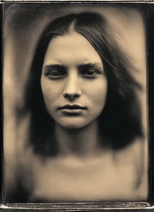 Image similar to dreamy close up portrait of a young women, photo realistic, elegant, award winning photograph, parallax, cinematic lighting, ambrotype wet plate collodion by martin shuller, richard avedon dorothe lange and and shane balkowitsch