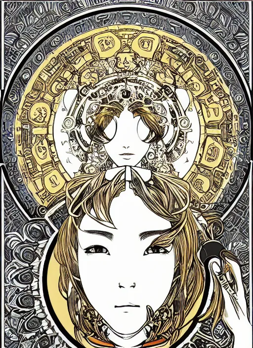 Image similar to photographer looking through camera, design on white background, gnarly details, gold, drawn by studio ghibli, alphonso mucha, lolish, trending on artstation