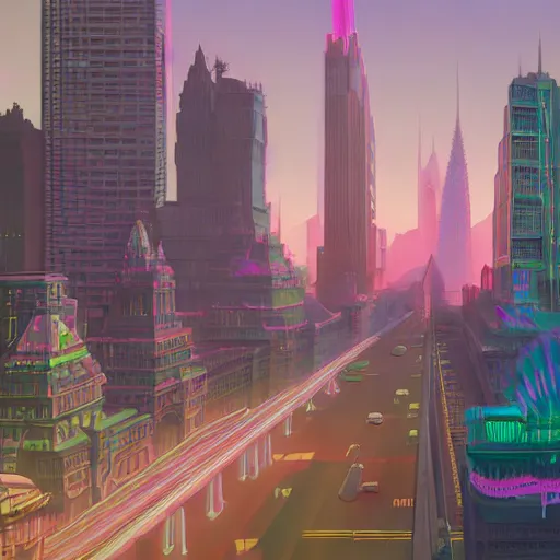 Image similar to victorian city over the clouds, octane render, unreal engine, neon signs everywhere, very nice pastel colors, lights and shadows, glowing hot sun, very coherent, Houdini algorithmic generative art, painted by Edward Hopper, Wayne Barlowe, painted by James Gilleard, airbrush, art by JamesJean