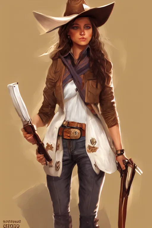 Image similar to full body, female cowgirl, perfect face, white blouse, long rifle, 8 k, magic the gathering, desert, d & d, artstation