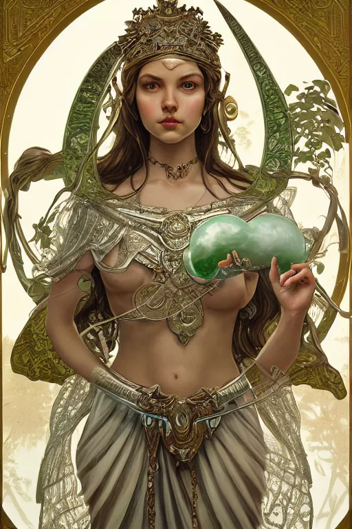 Prompt: ultra realistic illustration, a jade statue of hannah murray as the goddess athena, intricate, elegant, highly detailed, digital painting, artstation, concept art, smooth, sharp focus, illustration, art by artgerm and greg rutkowski and alphonse mucha