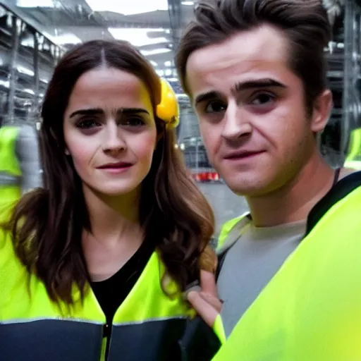 Prompt: photo, close up, salma hayek emma watson in a hi vis vest, in warehouse, android cameraphone, snapchat story screenshot, 2 6 mm,