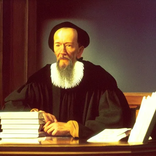 Image similar to theologian John Calvin on Jeopardy, production stills,