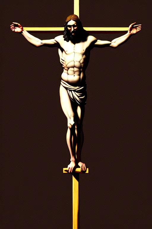 Prompt: full body shot, jesus on cross, painting by caravaggio, mikelangelo, donatello, masterpiece, highly detailed, artstation, concept art, dark background, octane render