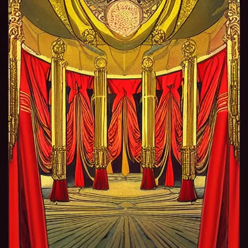 Prompt: flowing theatre red curtains, centered radial design, gold art nouveau graphic elements, painting by mucha, beautiful lighting