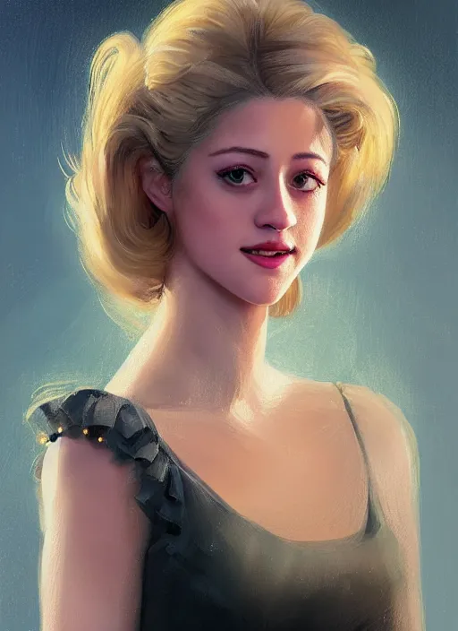 Image similar to portrait of lili reinhart with fluffy bangs, smiling kindly, bangs, 1 9 6 0 s, ponytail, curly bangs and ponytail, rounder face, intricate, elegant, glowing lights, highly detailed, digital painting, artstation, concept art, smooth, sharp focus, illustration, art by wlop, mars ravelo and greg rutkowski