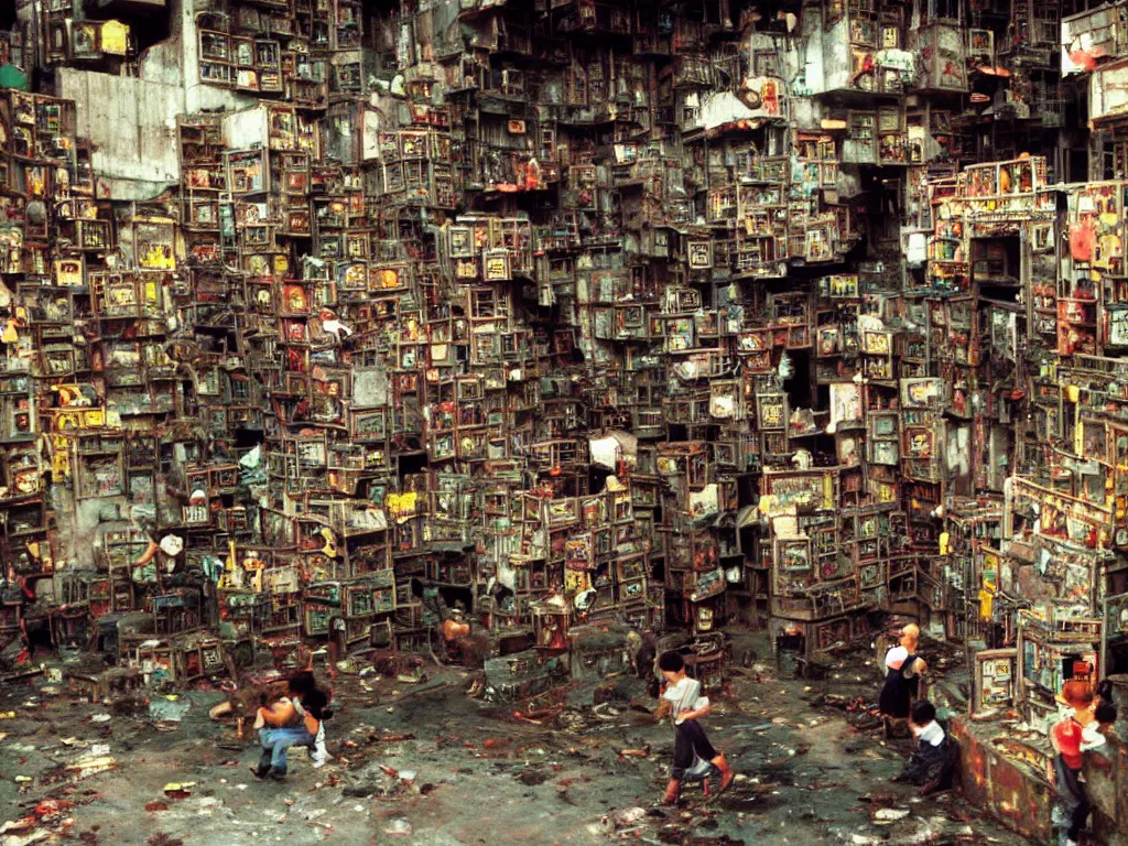 Image similar to closeup 1 9 8 8 photo of : inside the labyrinthine “ kowloon walled city ”, children are playing colorful video games in a narrow cramped dense indoor arcade. the arcade is full of industrial machinery, and is tattered and dirty. full - color professional journalistic photography from “ time ” magazine.