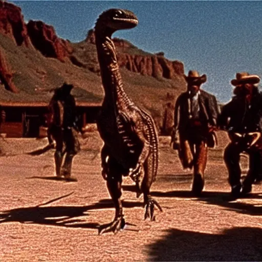 Prompt: velociraptor as a cowboy in a wild west town, still from a movie, 3 5 mm film, grainy, evocative, atmospheric lighting, intricate, highly detailed, sharp focus, cinematic, masterpiece, taken by sergio leone and john ford