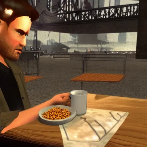 Image similar to jc denton from deus ex videogame eats cereal at a table near liberty island