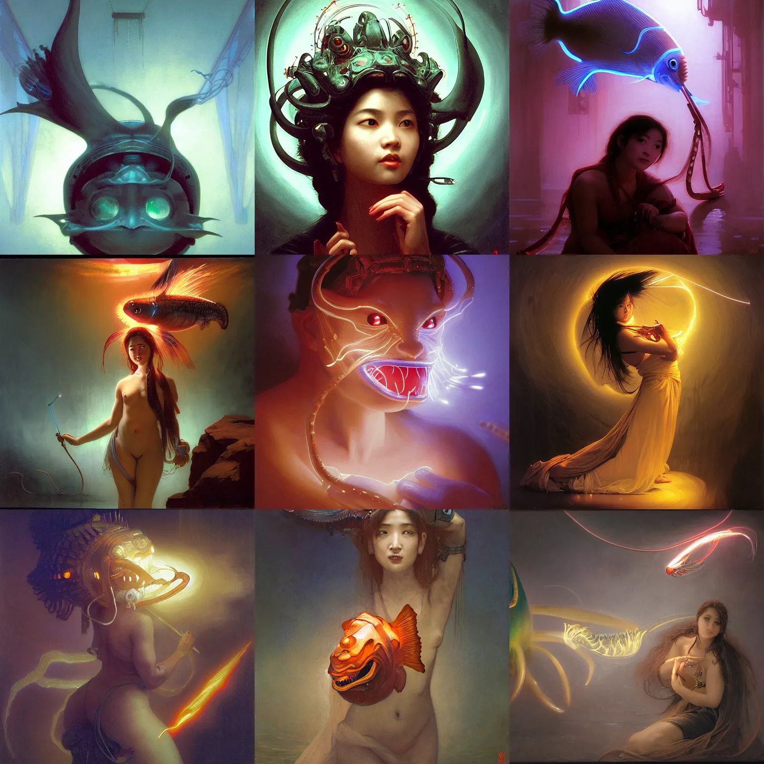 Prompt: awe-inspiring award-winning concept art painting of attractive asian anglerfish in neon shrouds as the asian goddess of lasers, sparks, by Michael Whelan, William Adolphe Bouguereau, John Williams Waterhouse, and Donato Giancola, cyberpunk, extremely moody lighting, glowing light and shadow, atmospheric, shadowy, cinematic, 8K,