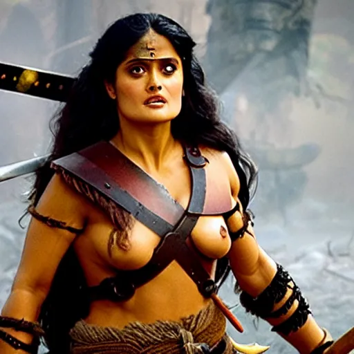 Image similar to salma hayek as a barbarian warrior, battle scene