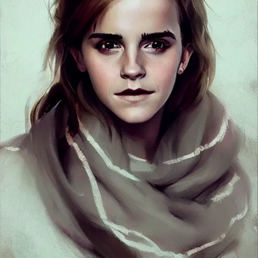 Prompt: hyperrealistic portrait of emma watson wearing a scarf, art by greg rutkowski, artstation