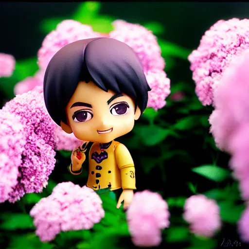 Prompt: prince ( musician ) as nendoroid among big burple flowers, kodak film