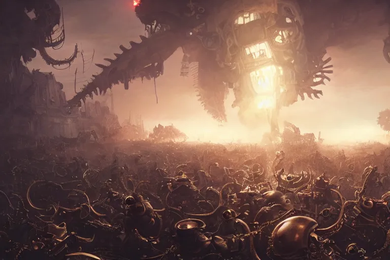 Image similar to steampunk army fighting a horde of crazy killer cyborg lovecraftian creatures, 3d scene, render, ultra realistic, zenith view, Greg Rutkowski, artstation, cgsociety, unreal engine, ray tracing, detailed illustration, hd, 4k, digital art, overdetailed art, concept art, complementing colors, Trending on artstation, deviantart