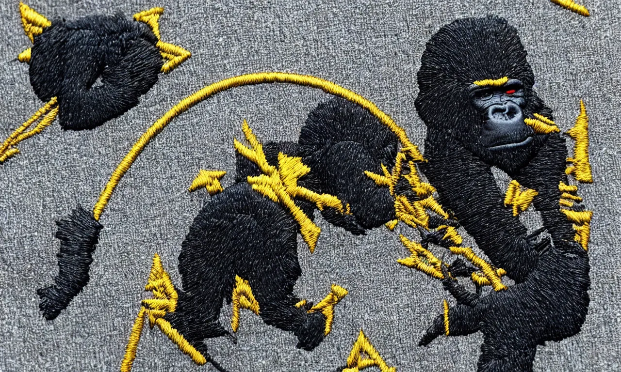 Prompt: a gorilla climbing a radio tower reading lighting bolts, embroidered us corps patch 8 k /