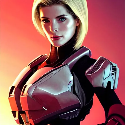 Image similar to A combination of Ashley Greene's and Ada Wong's and Grace Kelly's appearances with blonde hair wearing Forerunner armor from Halo, high tech, action shot, angular, full body portrait, futuristic, dramatic, fantasy, intricate, elegant, highly detailed, artstation, matte, sharp focus, 8K, art by Artgerm and Greg Rutkowski and Alphonse Mucha