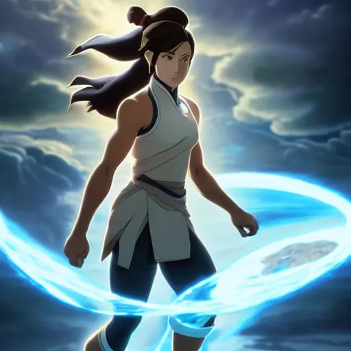 Image similar to portrait of a korra, front angle, white glowing eyes, earthly elements raging in background, stunning 3 d render inspired art by greg rutkowski and xiang duan and thomas eakes, realistic, highly detailed attributes and atmosphere, dim volumetric cinematic lighting, 8 k octane detailed render, post - processing, masterpiece, soft vignette