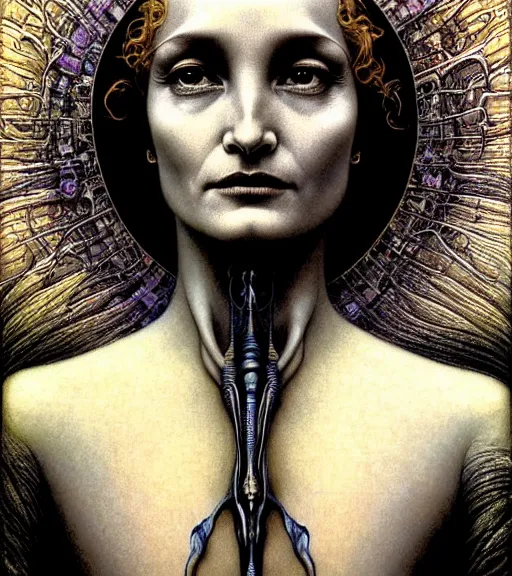 Image similar to detailed realistic beautiful young alien robot jessica lange as queen of mars face portrait by jean delville, gustave dore and marco mazzoni, art nouveau, symbolist, visionary, gothic, pre - raphaelite. horizontal symmetry by zdzisław beksinski, iris van herpen, raymond swanland and alphonse mucha. highly detailed, hyper - real, beautiful