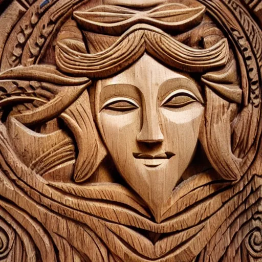 Image similar to goddess, forest, abstract, ornate, relief, wood carving, detailed, beautiful, eyes open