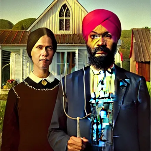 Image similar to Justin Trudeau and Jagmeet Singh in the american gothic painting, concept art, sharp focus, highly detailed digital painting by Grant Wood, artstation