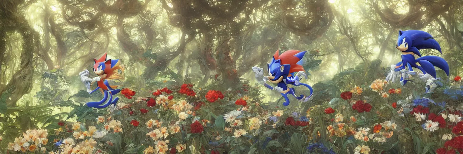 Image similar to A beautiful painting of Sonic the edgedog running through an utopian garden and forest with supertrees by Alfons Maria Mucha and Julie Dillon and Makoto Shinkai