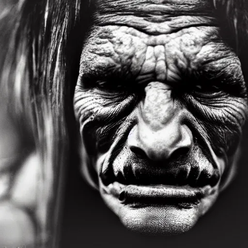 Prompt: a realistic photograph of a orc taken by sally mann, portrait, foggy, hazy, dull colors, detailed, bleak, 70mm