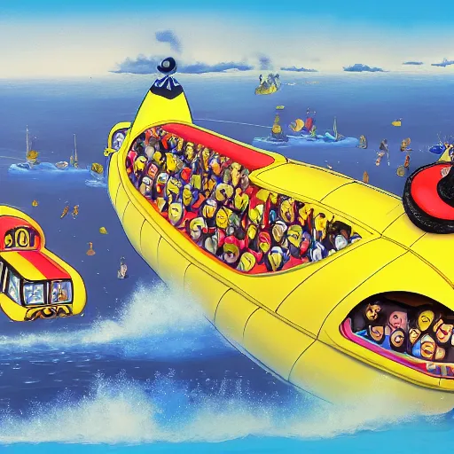 Image similar to The Beatles Yellow Submarine, hyper realistic, HD, HQ, photo realistic