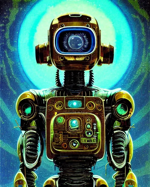 Prompt: robot, character portrait, portrait, close up, concept art, intricate details, highly detailed, vintage sci - fi poster, retro future, in the style of katsuhiro otomo, chris foss, rodger dean, moebius, michael whelan, and gustave dore