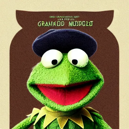 Prompt: kermit the frog, from the grand budapest hotel