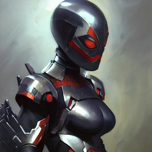 Image similar to greg manchess portrait painting of an armored dark female iron spiderman as overwatch character, medium shot, asymmetrical, profile picture, organic painting, sunny day, matte painting, bold shapes, hard edges, street art, trending on artstation, by huang guangjian, gil elvgren, ruan jia, greg rutkowski, gaston bussiere