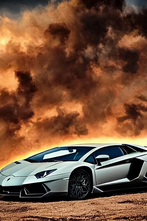 Prompt: Lamborghini Aventador in Mad Max Fury Road.