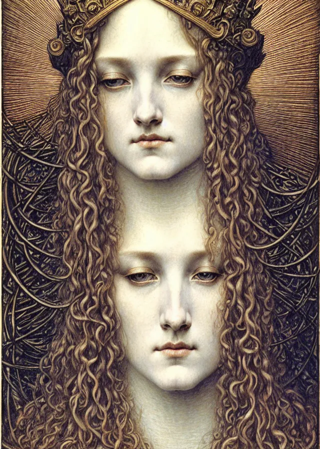 Image similar to detailed realistic beautiful young medieval queen face portrait by jean delville, gustave dore and marco mazzoni, art nouveau, symbolist, visionary, gothic, pre - raphaelite. horizontal symmetry