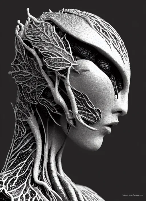 Image similar to bw close - up profile face, black background, beautiful porcelain vegetal dragon cyborg young female, 1 5 0 mm, beautiful natural soft rim light, silver gold details, magnolia leaves and stems, roots, fine lace, mandelbot fractal, elegant, ultra detailed, white metallic armour, octane render, h. r. giger style