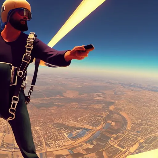 Image similar to jesus taking a selfie while skydiving, gta artstyle, wide shot, dramatic lighting, octane render, hyperrealistic, high quality, highly detailed, HD, beautiful, cinematic, 8k, unreal engine, facial accuracy, symmetrical