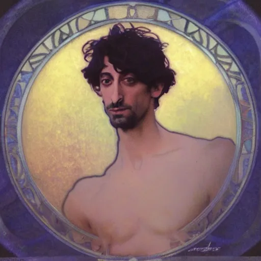 Image similar to adrien brody portrait by louis - theophile hingre and alphonse mucha, realistic, sharp focus, zodiac signs, tarot cards, planets, ethereal, art nouveau, magic, moon, sun, crown, dreamy, royal, jewellery